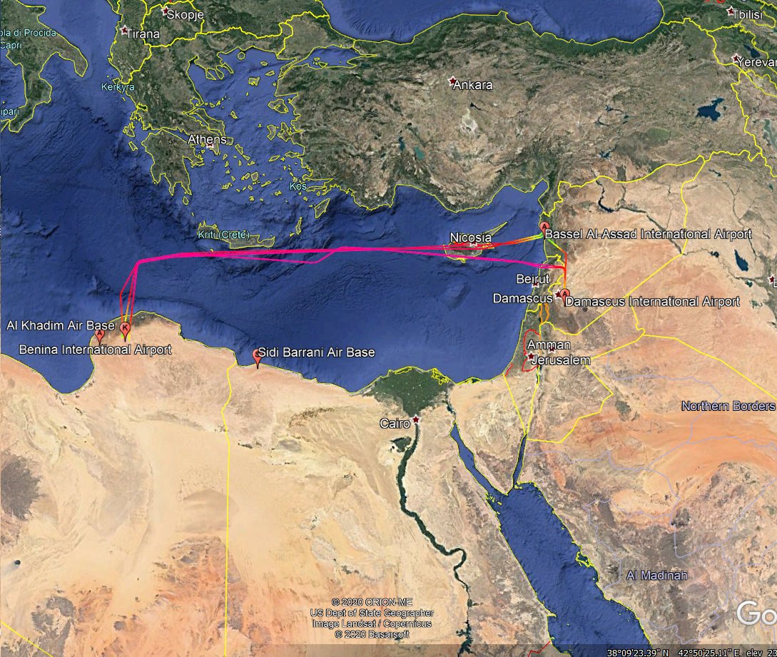 Gerjon_'s tweet photo. [repost] YK-BAA and YK-BAG (Cham Wings passenger aircraft) flew 🇸🇾#Damascus to 🇸🇾#Latakia/🇷🇺#Kheimim Air Base to 🇱🇾Al Khadim Air Base, #Libya vv last night.

Some people say these flights were carrying Syrian recruits and/or #Wagner.

Callsigns: #SAW351, #SAW352, #SAW353, #SAW354 https://t.co/Hm36yQb7mz