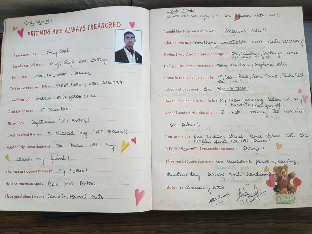 MajorSaurabhSh1's tweet photo. #MajorAnuj Scrape book shared by the School Teacher,on his passing out 12th class from PPS Nabha.
So young to go ! 
A terrible loss,loosing our brave officers n soldiers in such manner.Utterly Saddened!
God bless his Soul

#HandwaraEncounter #Handwara_Encounter #HandWara #Kashmir https://t.co/uRuawkpwgG