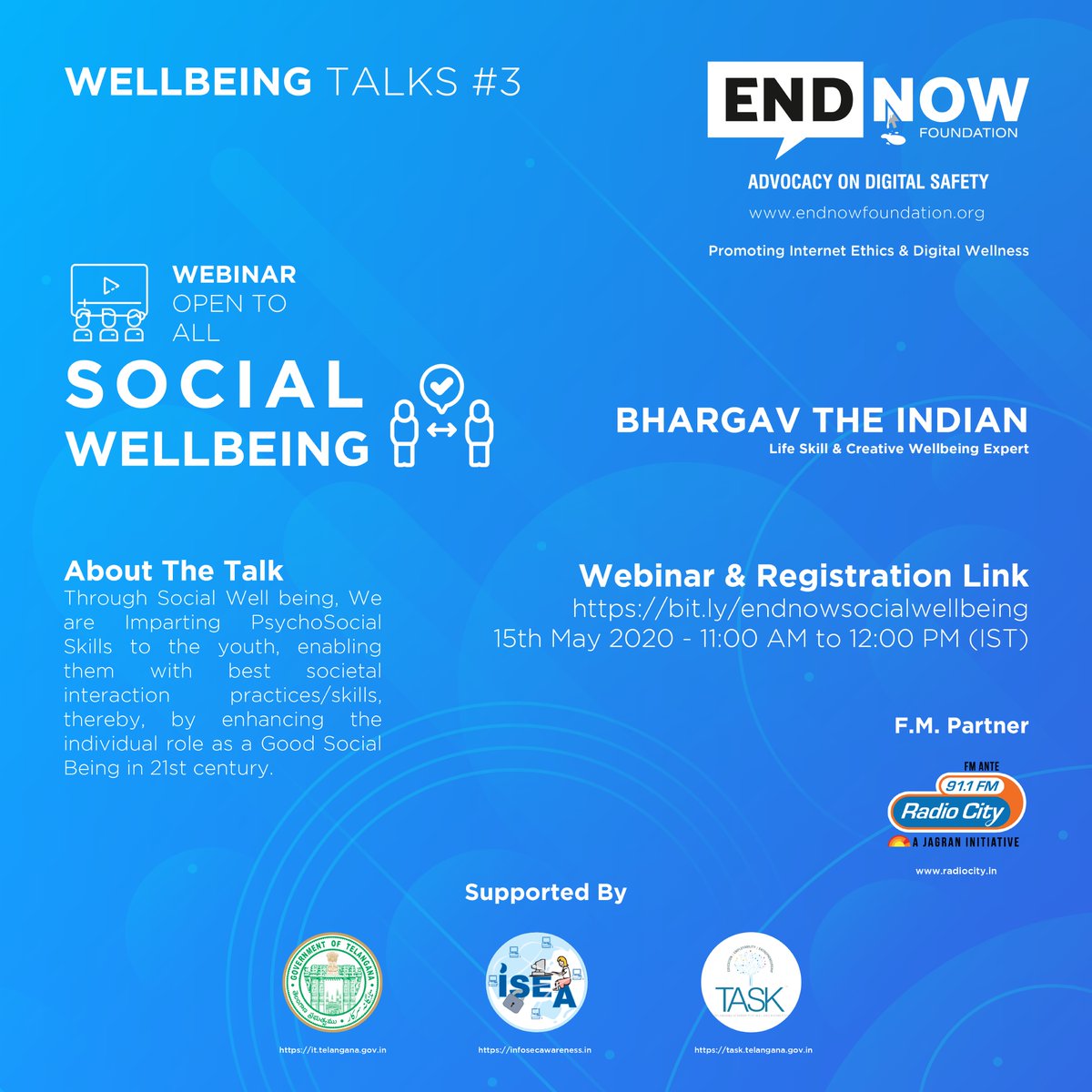 EndNowCyber's tweet photo. Social Wellbeing - (15th May 2020) - WellbeingTalks#3
Webinar Link --> https://t.co/ZaiU0G5eyQ
#socialwellbeing #digitalwellbeing #wellbeingtalks https://t.co/ThMBlcmRU2
