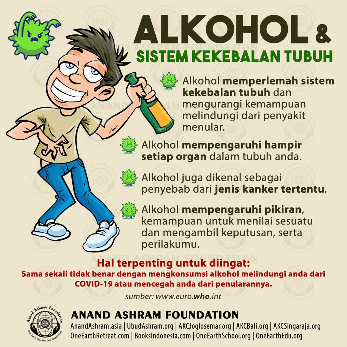 #Alkohol dan Sistem #KekebalanTubuh dari #WorldHealthOrganization 

#Germas #RilisSehat #dirumahaja  #JagaJarak #MinumanKeras #Penyakit #Kanker

#coronavirusindonesia #coronakaruna #CoronaIndonesia
#IndonesiaLawanCovid19 #BersamaLawanCorona #LawanCovid19 #COVID19indonesia