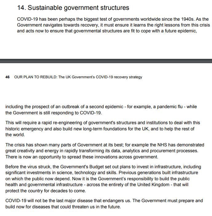 Amidst confusion over the govt’s  #StayAlert advice, detail of their 60-page  #PlanToRebulid goes without scrutiny.Yet proposals for “rapid re-engineering of govt structures & institutions” & building “new long-term foundations for UK” should perhaps set off some alarm bells. /31