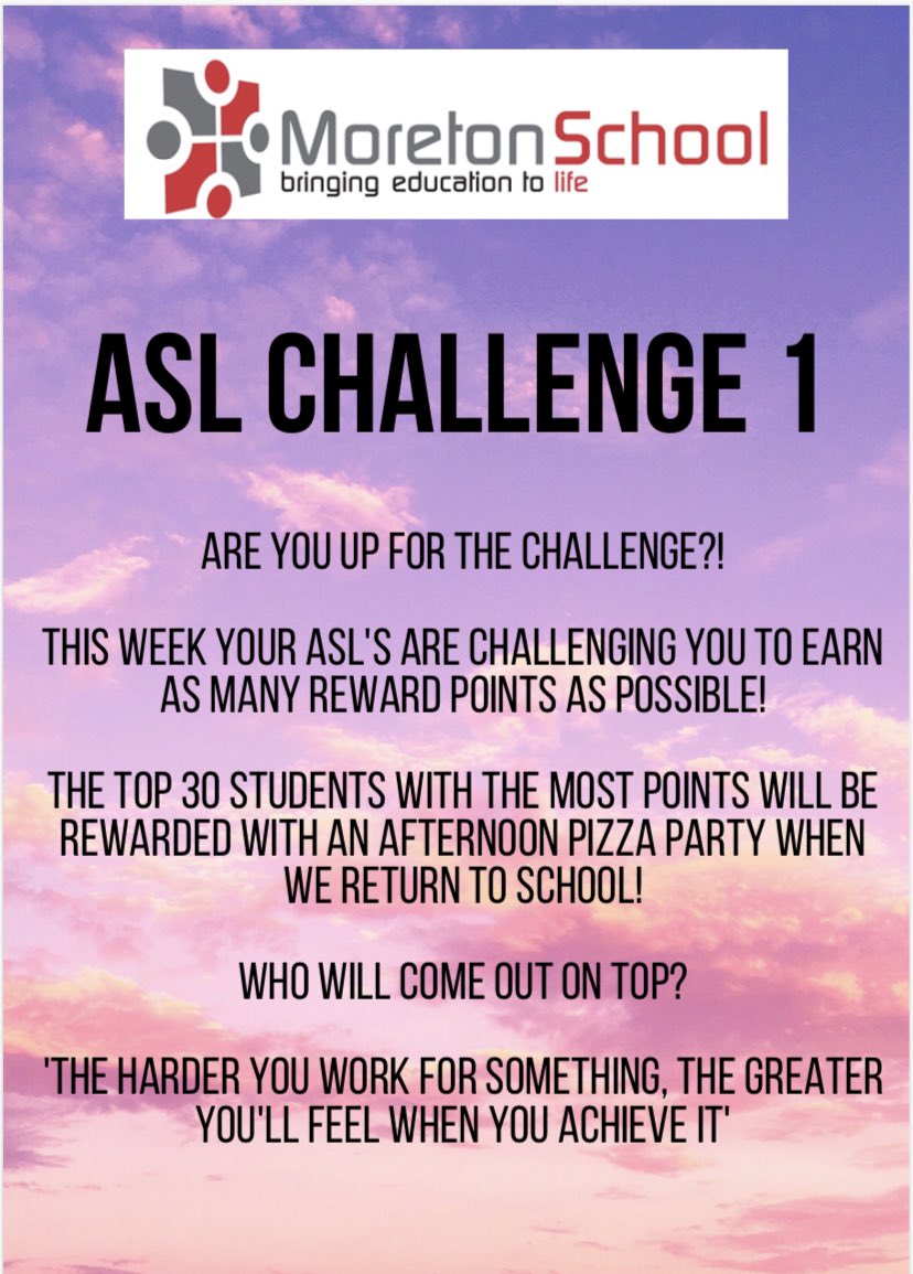 🌟🌟 Good Morning Moreton! Just a reminder of this weeks ASL challenge! How many points can you receive today? Remember to tweet your ASL the work you are completing!  🌟🌟#PushingforPoints <a href="/TeamMoreton9/">Moreton Team 9</a> <a href="/TeamMoreton7/">Moreton Year 7</a> @TeamMoreton_10 <a href="/TeamMoreton_8/">Moreton Year 8</a>
