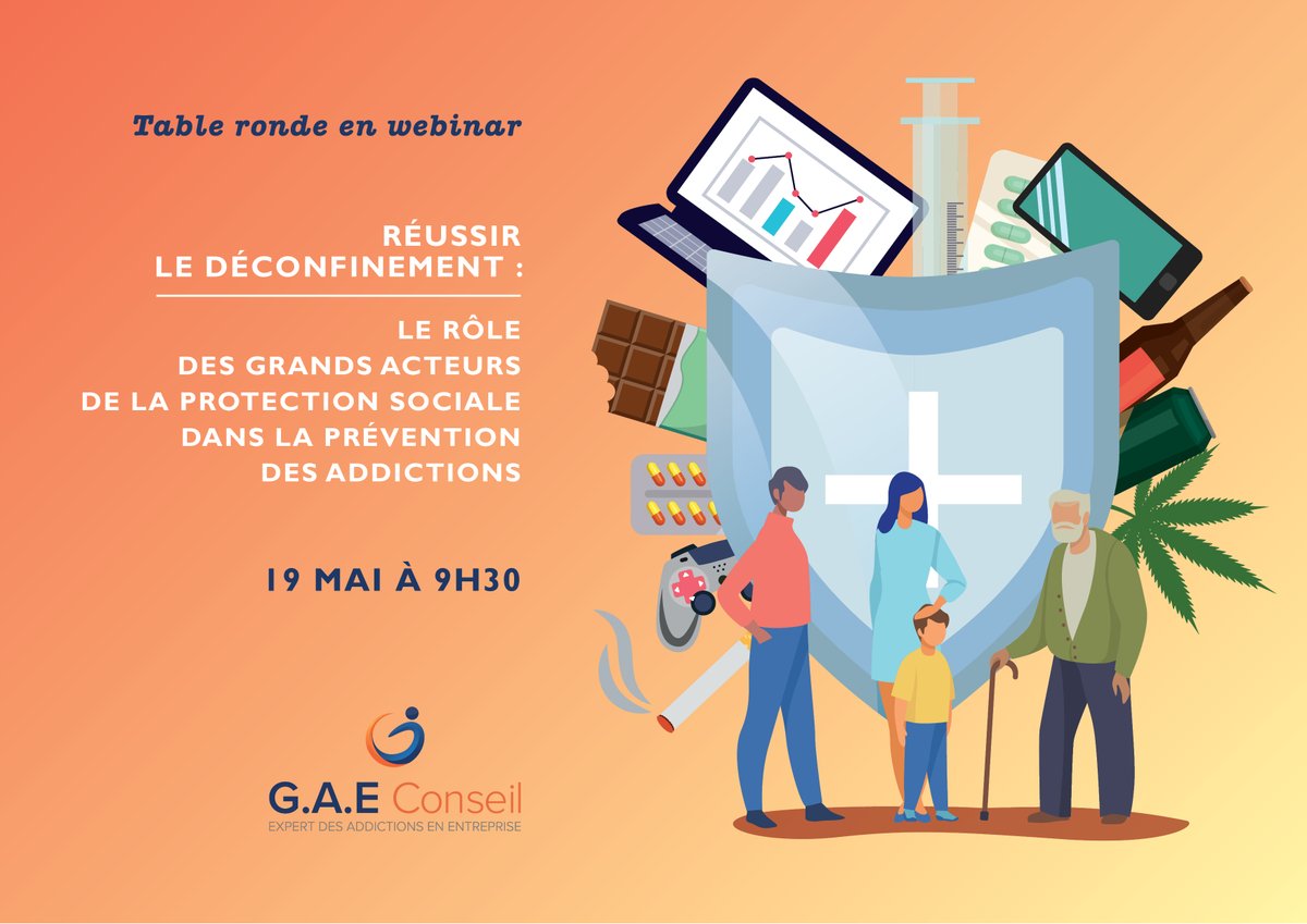 <a href="/GaeConseil/">G.A.E Conseil</a> vous invite à sa table ronde en live "Réussir le #déconfinement : le rôle des grands acteurs de la #ProtectionSociale dans la #prévention des #addictions" le 19/05 à 9h30 ! 
<a href="/AG2RLAMONDIALE/">AG2R LA MONDIALE</a> <a href="/Cecile_Petit_/">Cécile Petit</a> <a href="/MalakoffHumanis/">Malakoff Humanis</a> <a href="/Klesia/">KLESIA</a> @Itelis_Sante <a href="/Groupe_VYV/">Groupe VYV</a> <a href="/groupecovea/">Groupe Covéa</a>