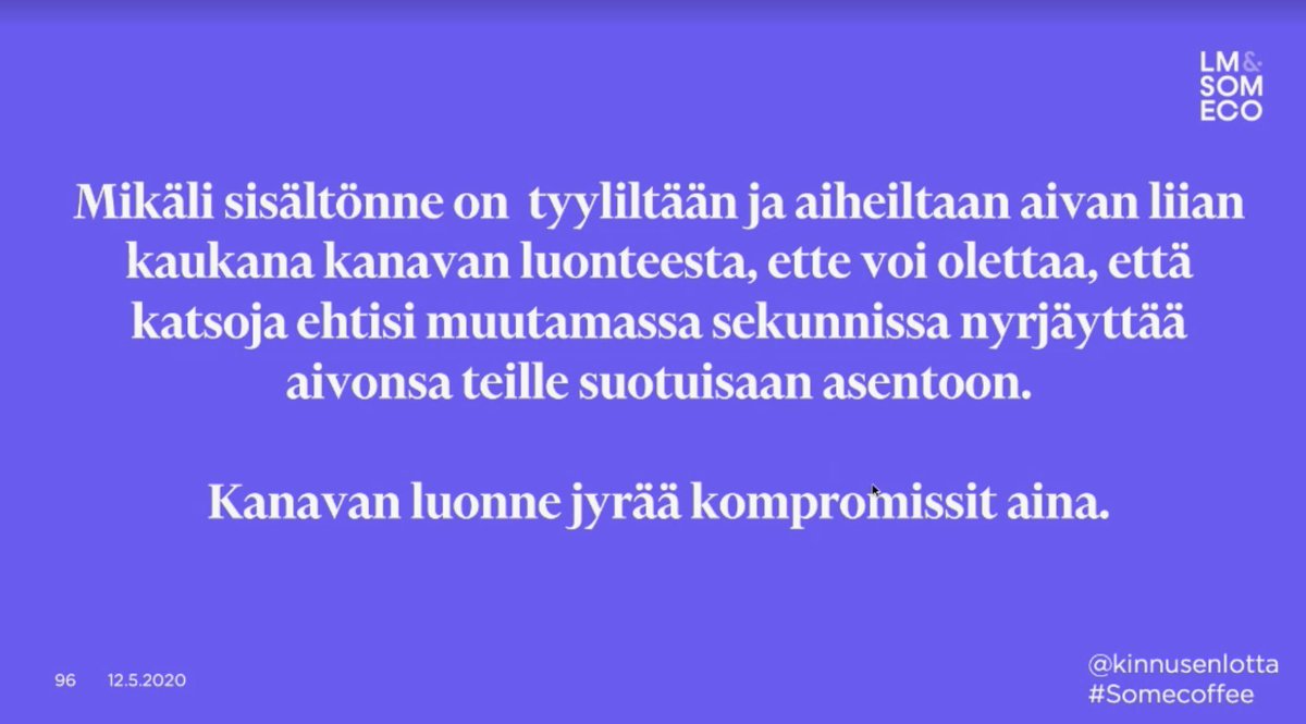 Kanavan luonne jyrää kompromissit AINA. <a href="/kinnusenlotta/">Lotta Kinnunen</a>

Se on juurikin näin. Sisällön pitää sopia käytettävään kanavaan, eikä samaa kuvaa ja tekstiä voi tuupata samanlaisena joka paikkaan.

#somecoffee