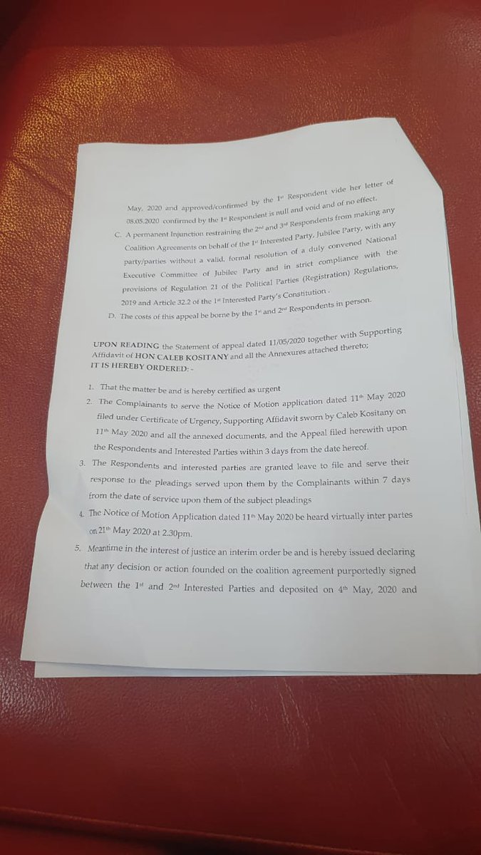 OleItumbi's tweet photo. The Political Parties Tribunal rules that the KANU and Jubilee Post Election deal is ILLEGAL.

Jubilee NEC must be convened for such a decision to be made

The same has been communicated to Senate.

So, The Senate Leadership remains as it is.

#SystemYaFacts https://t.co/Ui7v6GQNdu