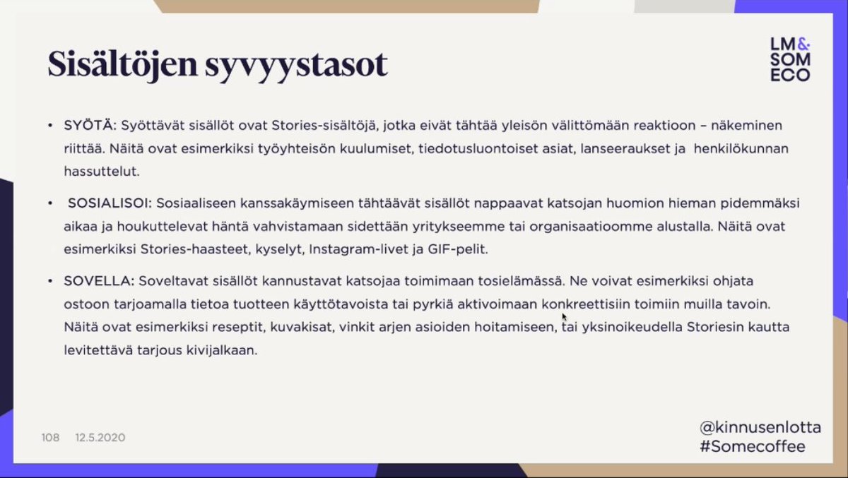 Tämän aamun #Somecoffee'n hyödyllisin slide omasta mielestäni. Toimii niin stories-kontekstissa kuin muissakin kanavissa. Kiitos <a href="/kinnusenlotta/">Lotta Kinnunen</a> 👏 #somefi