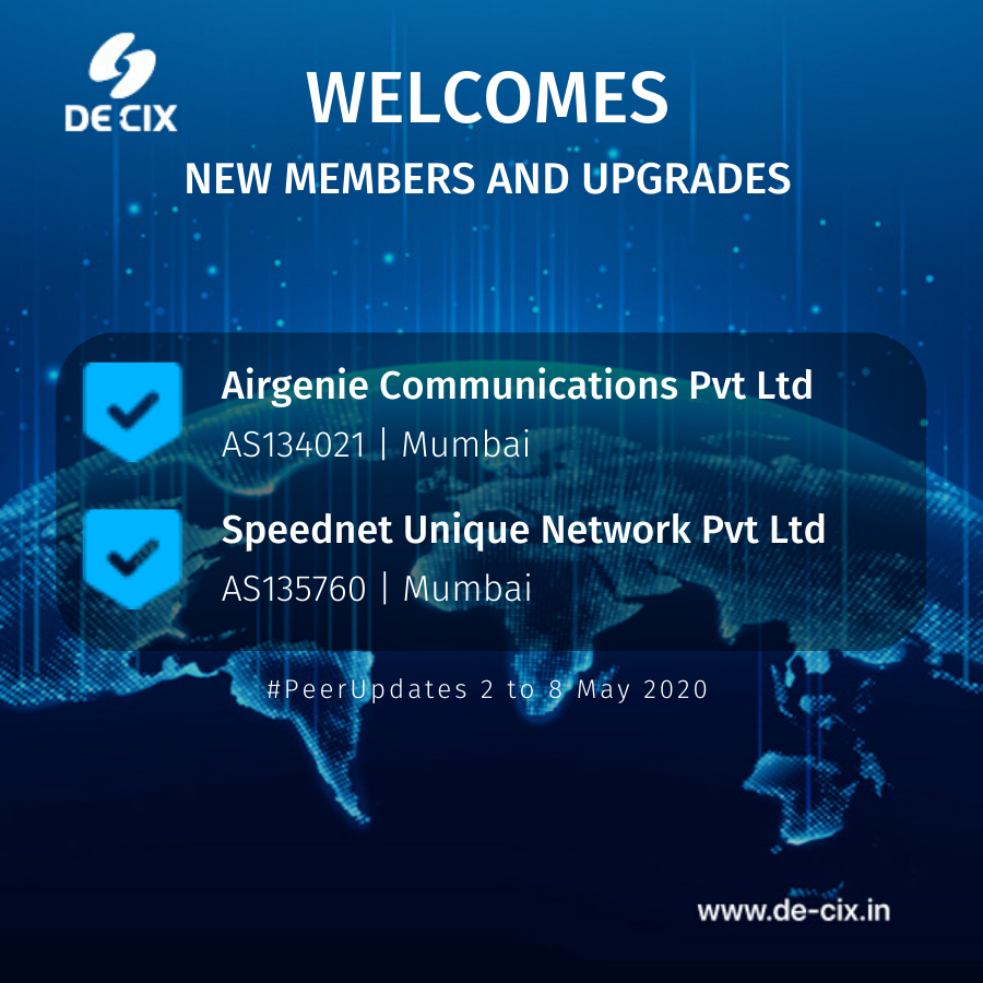 decixindia's tweet photo. #DECIXMumbai is pleased to welcome #Airgenie Communications Pvt Ltd & #Speednet Unique Network Pvt Ltd on the #internetexchange platform.
#DECIXIndia #IXPinIndia #ISP #Peering #NewPeers https://t.co/HpuMo6cM5L