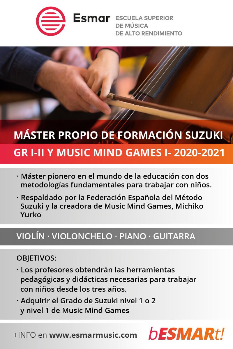 El Método #Suzuki llega a #ESMARMUSIC en forma de #máster propio, en colaboración con la European Suzuki Association.

Especialidades de: #violín, #cello, #piano y #guitarra.

Aquí toda la info: 👇🏻
esmarmusic.com/oferta-academi…