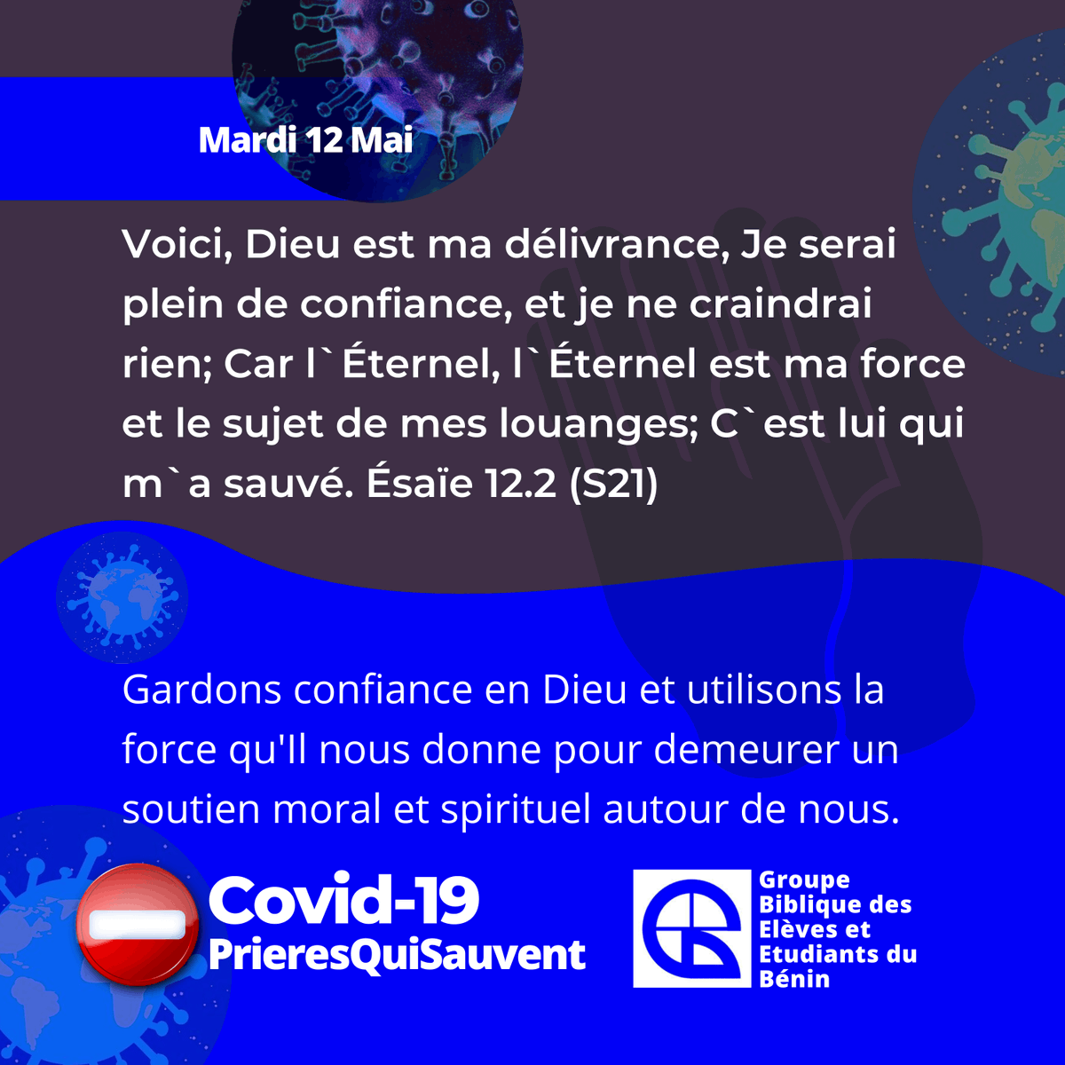 GbeebBenin's tweet photo. Prières Qui Sauvent I Covid19

Mardi 12 mai 2020

Gardons confiance en Dieu et utilisons la force qu'Il nous donne pour demeurer un soutien moral et spirituel autour de nous.

#Covid19 #Covid19bj #GestesQuiSauvent #PrieresQuiSauvent #CoronaVaincu #Gbeeb https://t.co/RIfFcwdANQ