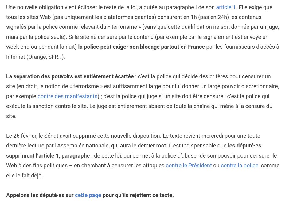 pbeyssac's tweet photo. C'est passé sous les radars. La loi Avia #pplcyberhaine prévoit  que tout site web en France soit censurable sur décision policière  (purement administrative, sans juge) sous délai d'une heure. Extrême et effrayant. 😱

https://t.co/yU9XyBLDKZ https://t.co/ZuxUo7V1m8