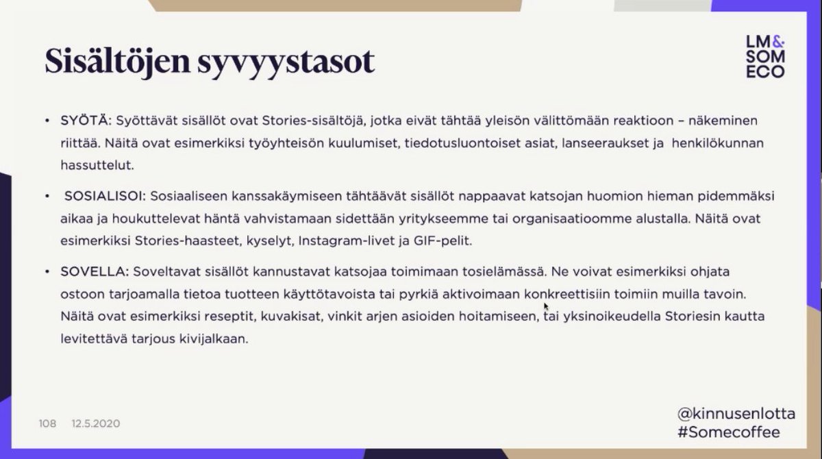 Lisätään tähän vielä pari vinkkiä by <a href="/kinnusenlotta/">Lotta Kinnunen</a>

👉Pidä Storiesien rooli Insta-feedia täydentävänä mediana.
👉Hyödynnä Storiesien mahdollistamaa vuorovaikutteisuutta.
👉Huomioi sisältöjen syvyystasot: syötä - sosialisoi - sovella.

#somecoffee #viestintä #brändikokemus