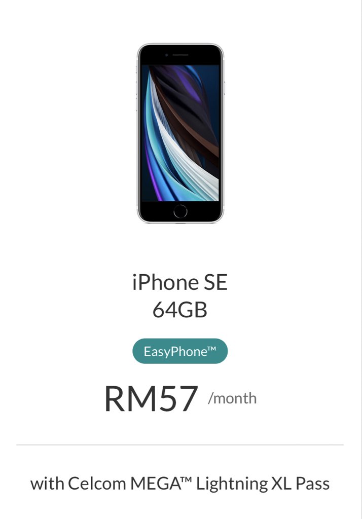 Pihak Celcom ada menawarkan pakej EasyPhone Own pada harga ansuran RM57 sebulan tidak termasuk pakej Internet.Anda wajib melanggan salah satu pakej Internet dan paling murah anda boleh dapat bersama iPhone SE 64GB adalah serendah RM164.00 tidak termasuk cukai perkhidmatan.