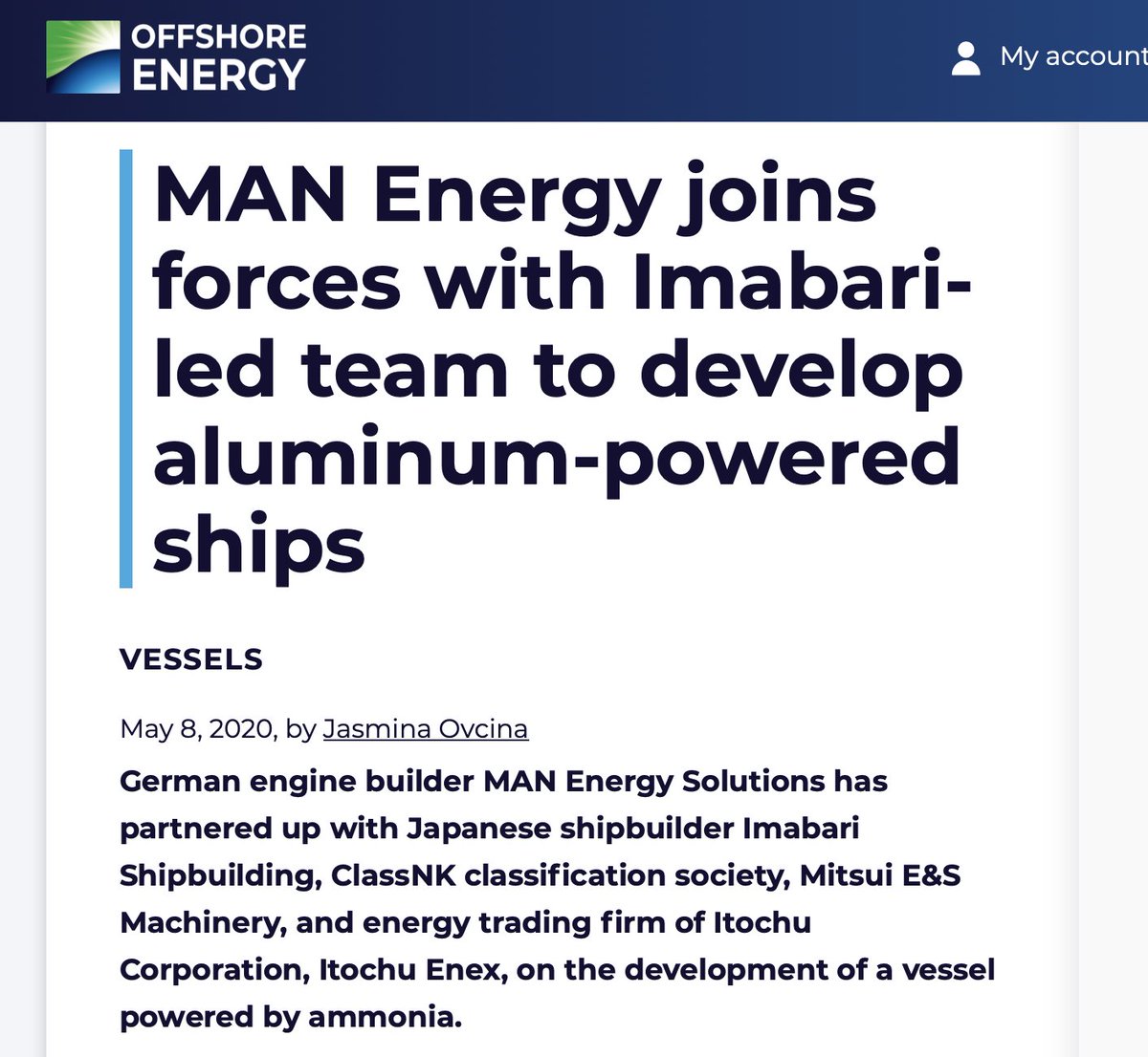 SamChambers's tweet photo. Here's a neat nutshell of what's wrong with maritime media today. First, there was one company reporting (a week late) on a new ammonia-powered ship design, except they said it was ALUMINIUM-powered in the header.3 days later, another title took the same incorrect headlined story https://t.co/v9XAdbr41U