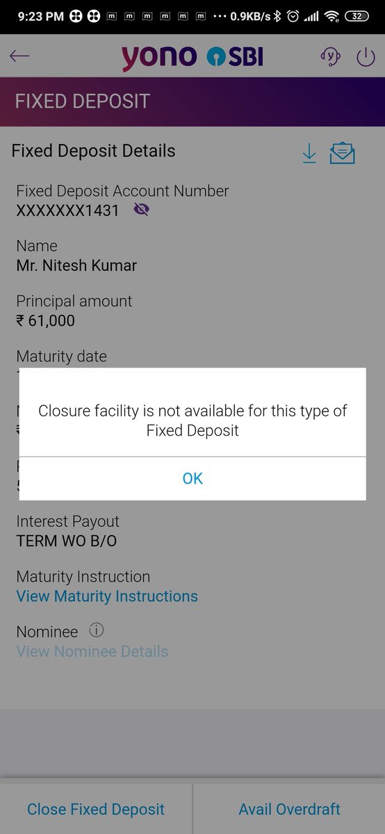 Nitesh_Cool's tweet photo. @TheOfficialSBI On closing the fixed deposit getting this msg, please tell how can I get liquidity on the same as you told. https://t.co/Ac4tlTkzPr