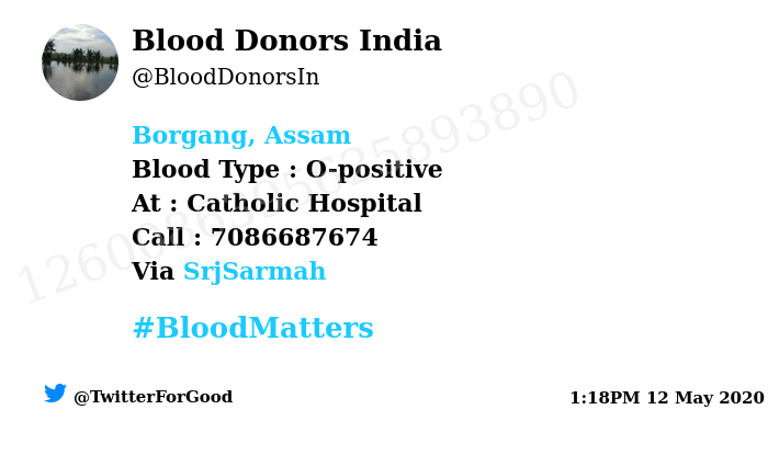 BloodDonorsIn's tweet photo. #Borgang, Assam
Need #Blood Type : O-positive
At : Catholic Hospital
Number of Units : 3
Primary Number : 7086687674
Patient : Santi devi
Via: @SrjSarmah
#BloodMatters
Powered by Twitter https://t.co/RbDx5ItUgI