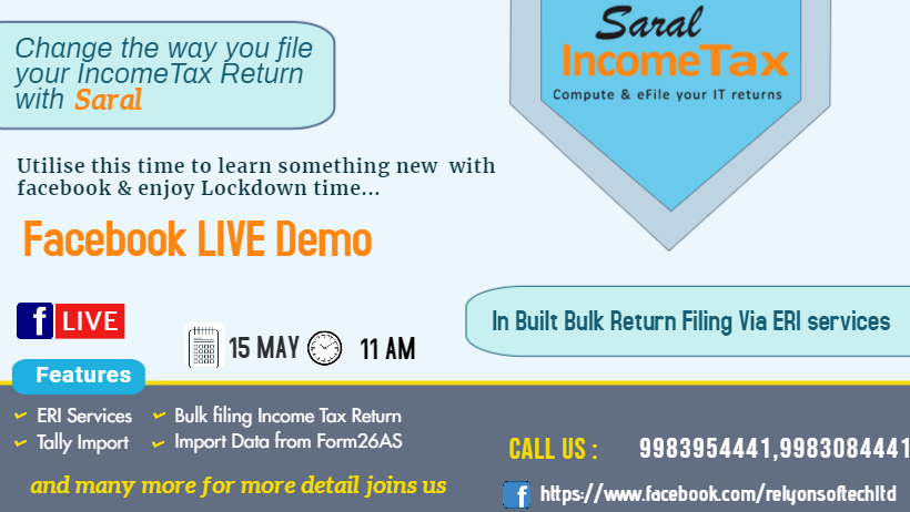 relyoncsd's tweet photo. Hello Everyone Relyon softech hosting live demo 15 may  for INCOME TAX.
Find below link to join us:
https://t.co/yrO1vJj2o5

https://t.co/ygt5DH08XX

https://t.co/pO8SsCsVL7

#saralincometax #taxation #relyon #saral #punjab #rajasthan #livedemo #saraltds #saralgst #incometax https://t.co/mMJauTDGUP