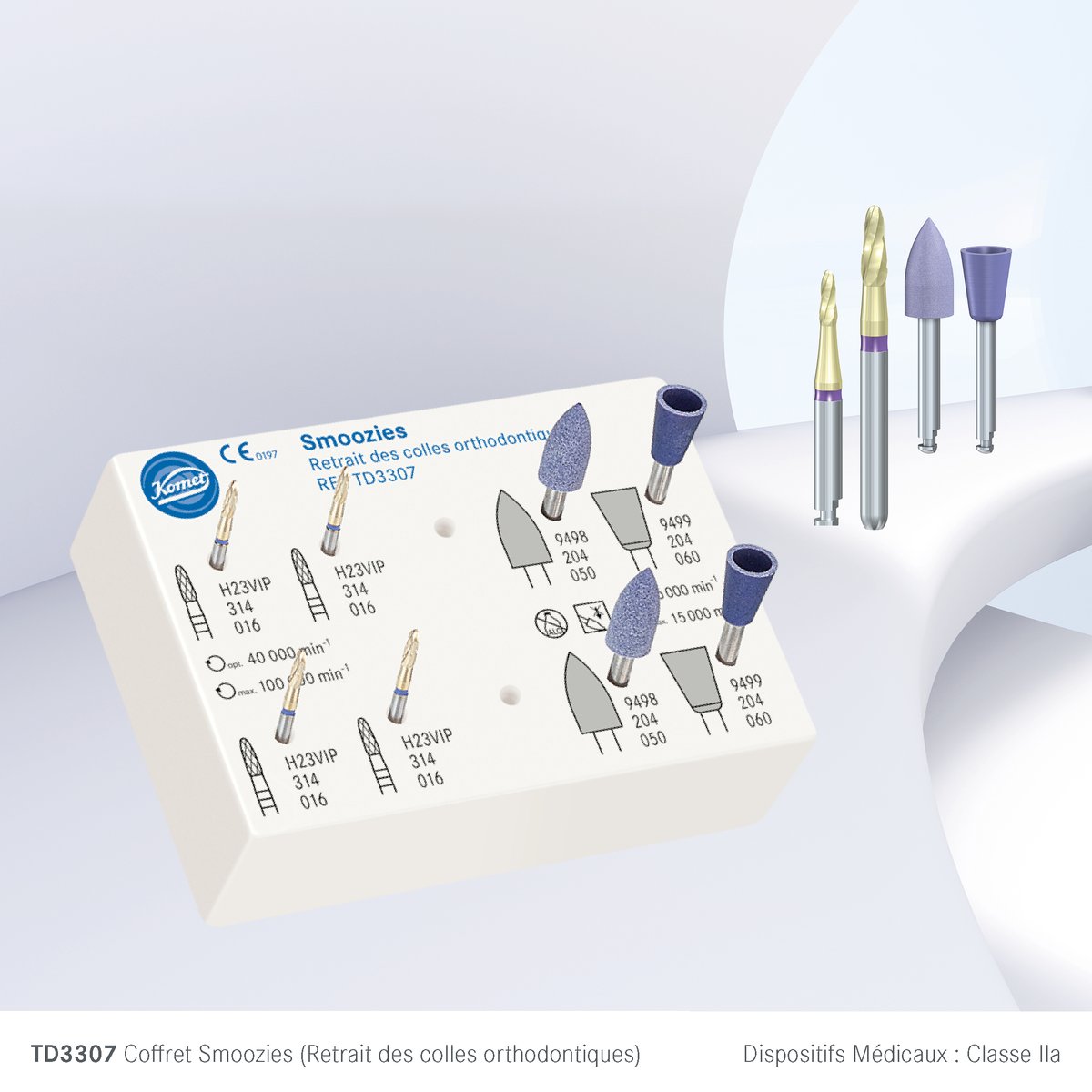💫 Nouveauté : découvrez dès à présent le coffret Smoozies ! Idéal pour le retrait des colles orthodontiques, en deux étapes : les fraises H23VIP puis les polissoirs 9498/9499. #Komet