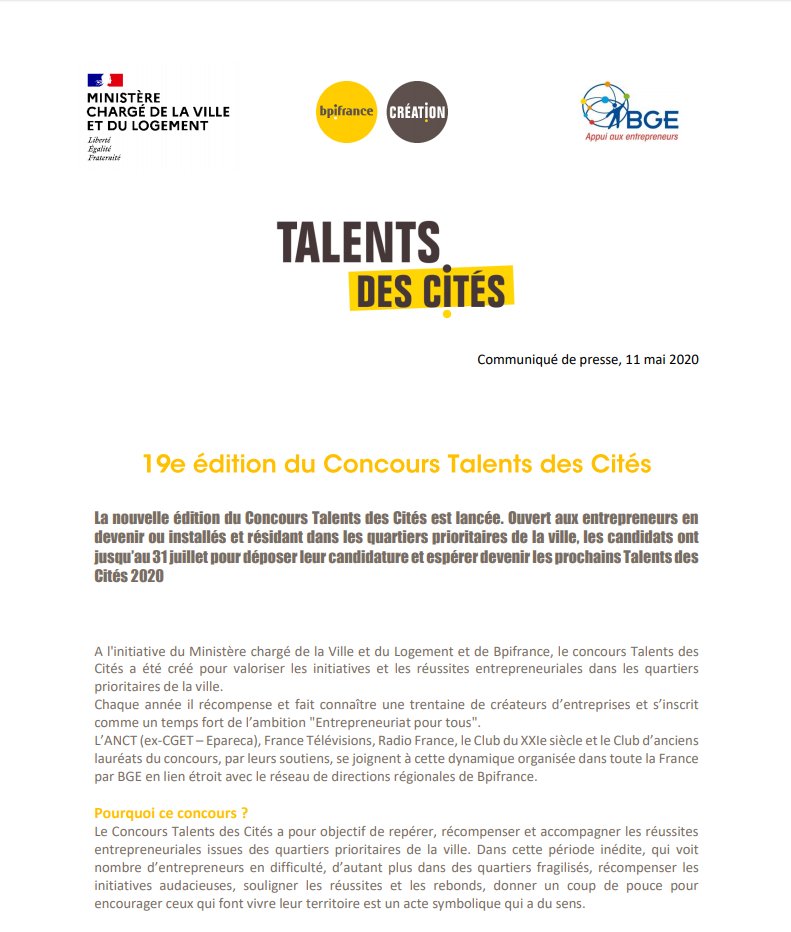 Nos entrepreneurs des quartiers ont du talent. Plus que jamais nous devons les accompagner et récompenser leur créativité.

La #résilience passe par l'#entrepreneuriat et l’#innovation.
