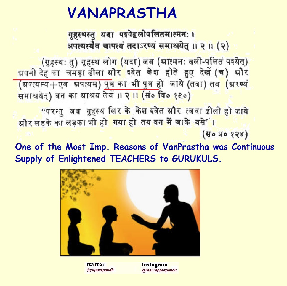 25/n  #SAMASKAR - 14 ::Vaanprastha (वनप्रसथ)IMP: ENSURES ENLIGHTED TEACHER BANK IN GURUKULSPurpose: Precursor to SANYAS/HANDING OVER TO NXT GENWhat: Smoothly Hand Over Property, Roles, ResponsibilitiesWhen: Skin has loosened, Become a Grandparent around 50-60 YrsRefer Pic