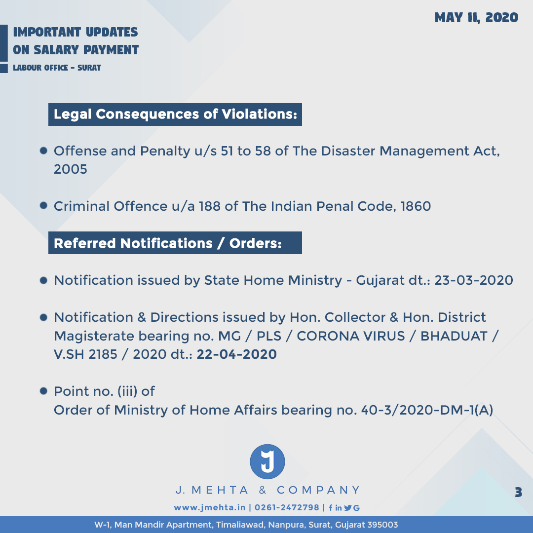 IMPORTANT ANNOUNCEMENT:
As per the latest letter/order issued by Office of Labour Commissioner, Surat, the key points concerning payment of salary/waged for the month of March & April-2020 are highlighted here.

To know more: jmehta.in/news

#Legal #SalaryPayment #Surat