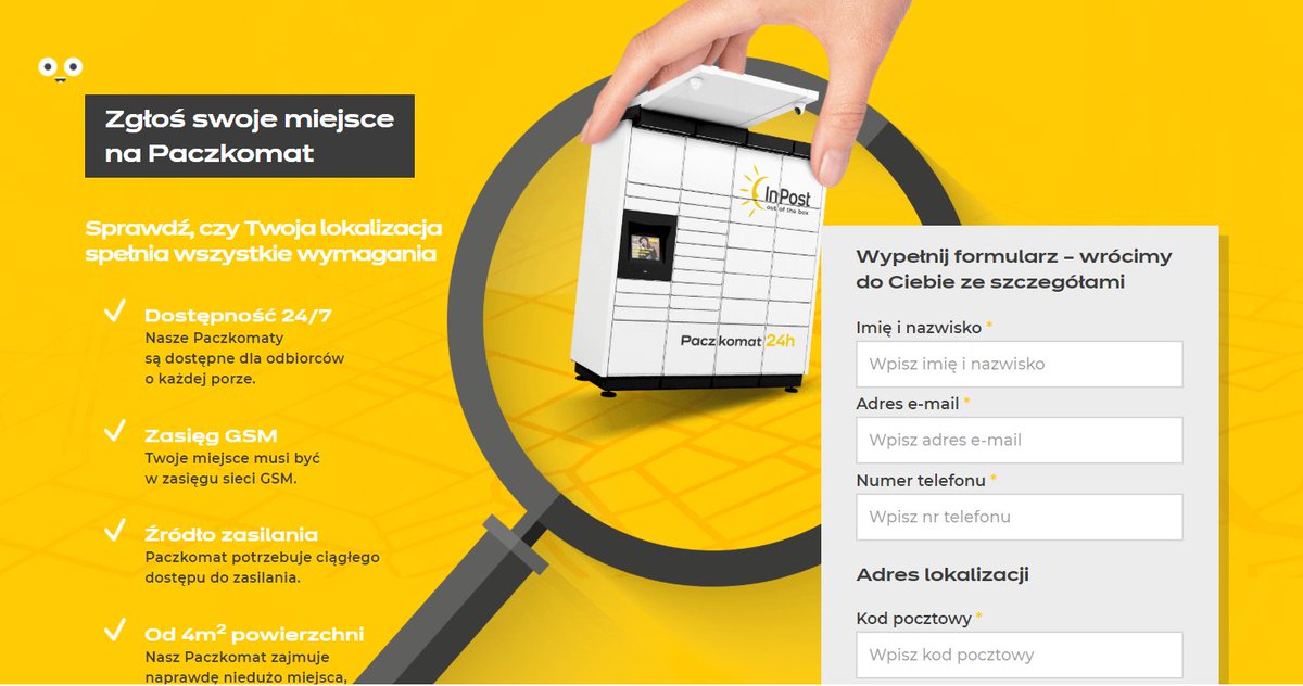 SmartCityExpoPL's tweet photo. Chcecie mieć swój udział w sukcesie jednej z najprężniej rozwijających się w polskich miastach marek? Nic prostszego, zapoznajcie się z propozycją współpracy jednego z Wystawców @SmartCityExpoPL - firmy Inpost (@PaczkomatyPL). Zgłoś lokalizację.

https://t.co/V6F8sMtx4R https://t.co/CXHgJOU89y