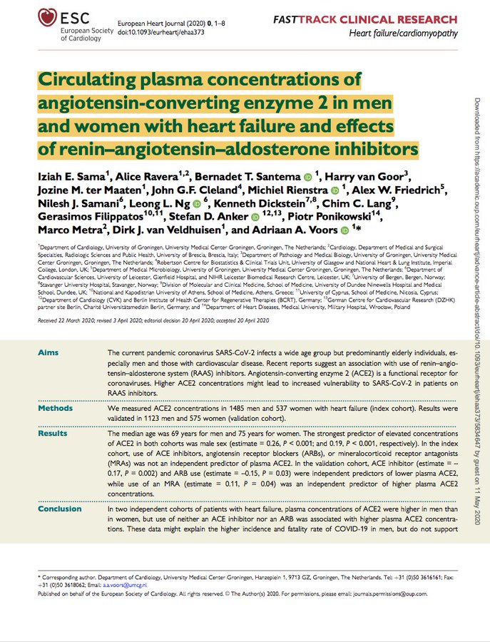 Un estudio en 2000 pacientes con problemas de corazón confirma que los niveles en plasma (sangre) de la ACE2 (enzima convertidora de angiotensina 2) son más elevados en hombres que en mujeres, lo que podría explicar porque  #COVID19 afecta más a hombres.
