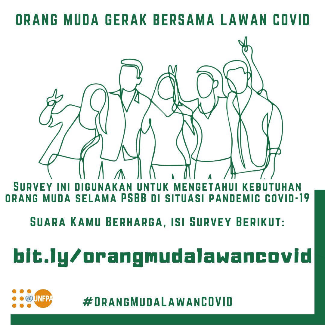 Hai teman-teman muda, di situasi pandemi COVID-19 banyak inisiasi orang muda mulai dari donasi aksi dan kampanye untuk mencegah penyebaran COVID-19.

Yuk sampaikan aspirasi kamu ke link berikut bit.ly/orangmudalawan… 📣 Kita mau dengar aspirasi kalian! #OrangMudaLawanCovid
