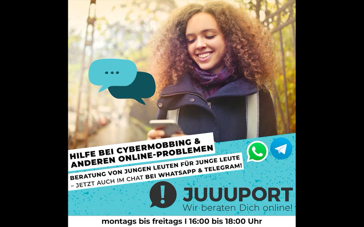 juuuport's tweet photo. 🙌Die JUUUPORT-Scouts beraten jetzt auch via #WhatsApp &amp; #Telegram bei Problemen im Netz! 
Jugendliche und junge Erwachsene können sich Mo-Fr von 16 bis 18 Uhr per Direknachricht an die Scouts wenden.

Mehr Infos zur neuen Messenger-Beratung gibt's hier:
https://t.co/rm1MQLy2hm https://t.co/U229gjxlxa