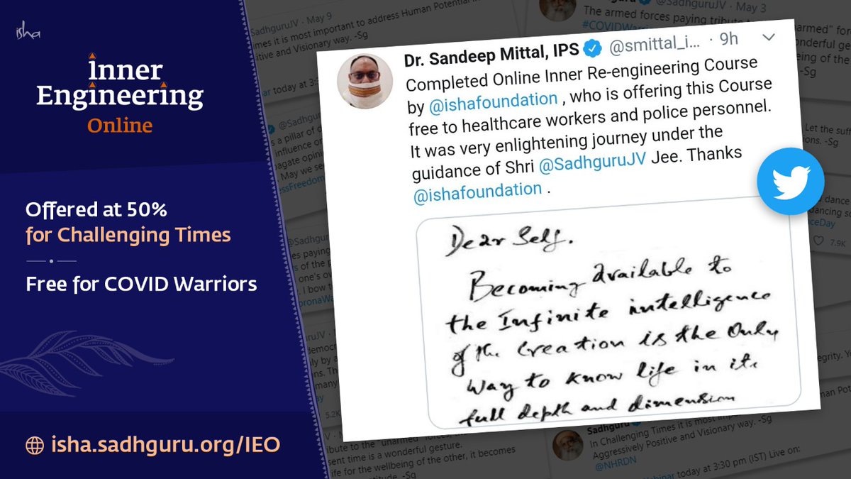 ishafoundation's tweet image. Inner Engineering Online is a great tool to help you sail through these challenging times with inner strength and grace.

The program is offered at 50% for challenging times and free for COVID warriors.

To register, visit: isha.co/IEO-TW
