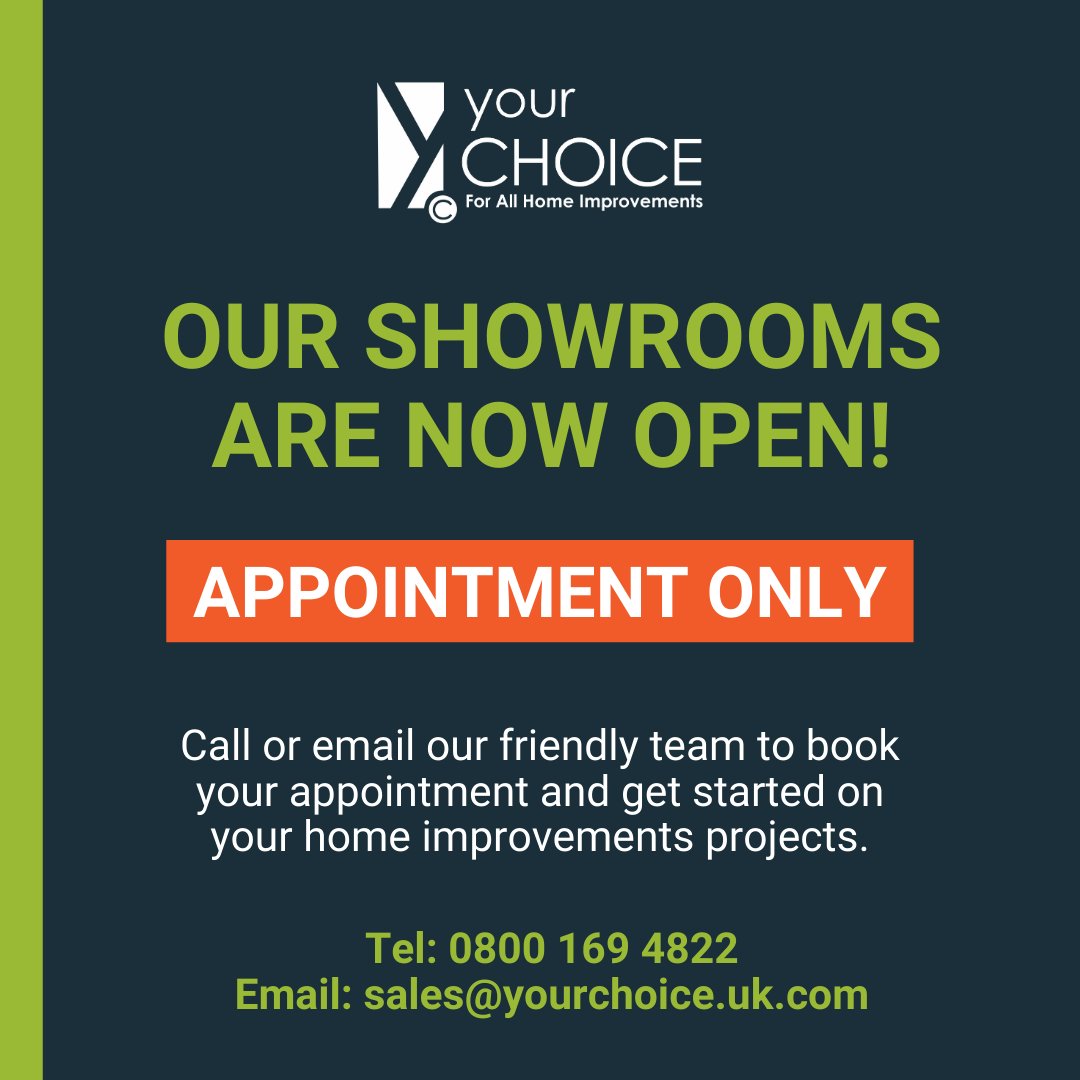 Our showrooms are now open for business by appointment only, we are allowing only 2 families in at anyone time. 
Please call 0800 169 4822 or email sales@yourchoice.uk.com to book an appointment 
.
#homeimprovements #ukhome #myhome #manchester #conservatory #orangery