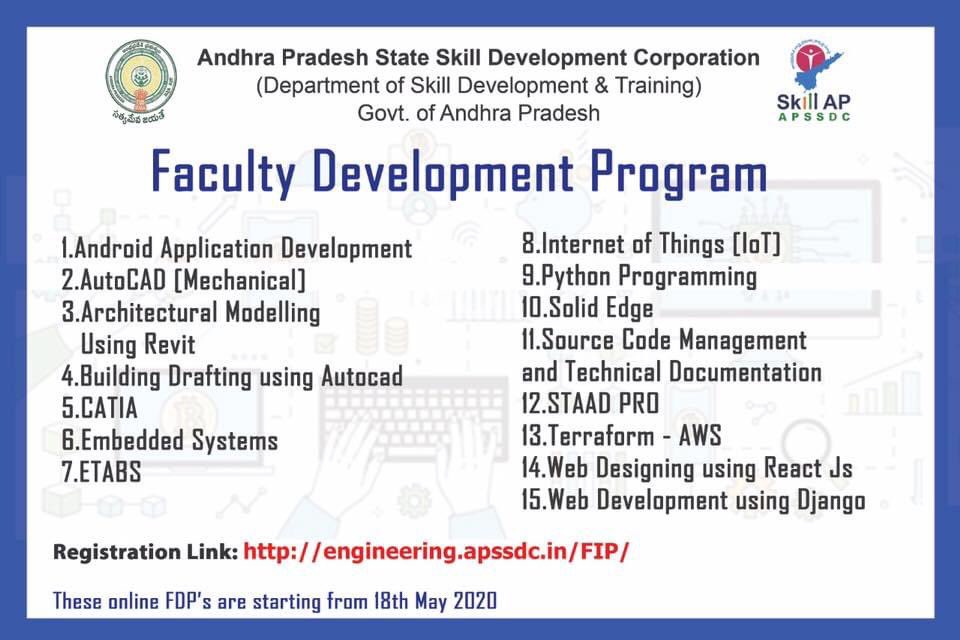 AP_Skill's tweet photo. We are happy to inform you that #APSSDC is conducting online Faculty Development Program (FDP) to utilise this lockdown period by improving our technical skills on various areas.
Registration :
https://t.co/PwA1dB4Jog

@MekapatiGoutham @MSDESkillIndia @NSDCINDIA 
#skillsfromhome https://t.co/4dFimolMZr