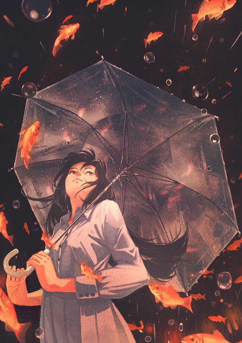 umbrella 1girl holding umbrella fish long hair holding black hair  illustration images
