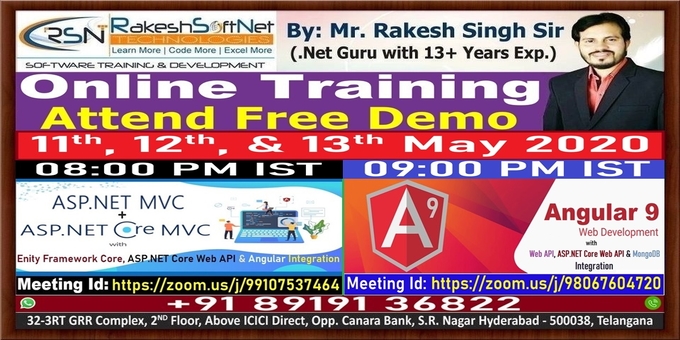 RakeshSinghNet's tweet image. Its Great Response to First Day (11th May) Demo Class!
Attend Today (12th) &amp;amp; Tomorrow (13th) Free Demo
#MVC+#CoreMVC @ 08:00 PM IST
Meeting ID for MVC: zoom.us/j/99107537464
#Angular+#WebAPI+#CoreWebAPI @ 09:00 PM IST
Meeting ID for Angular: zoom.us/j/98067604720