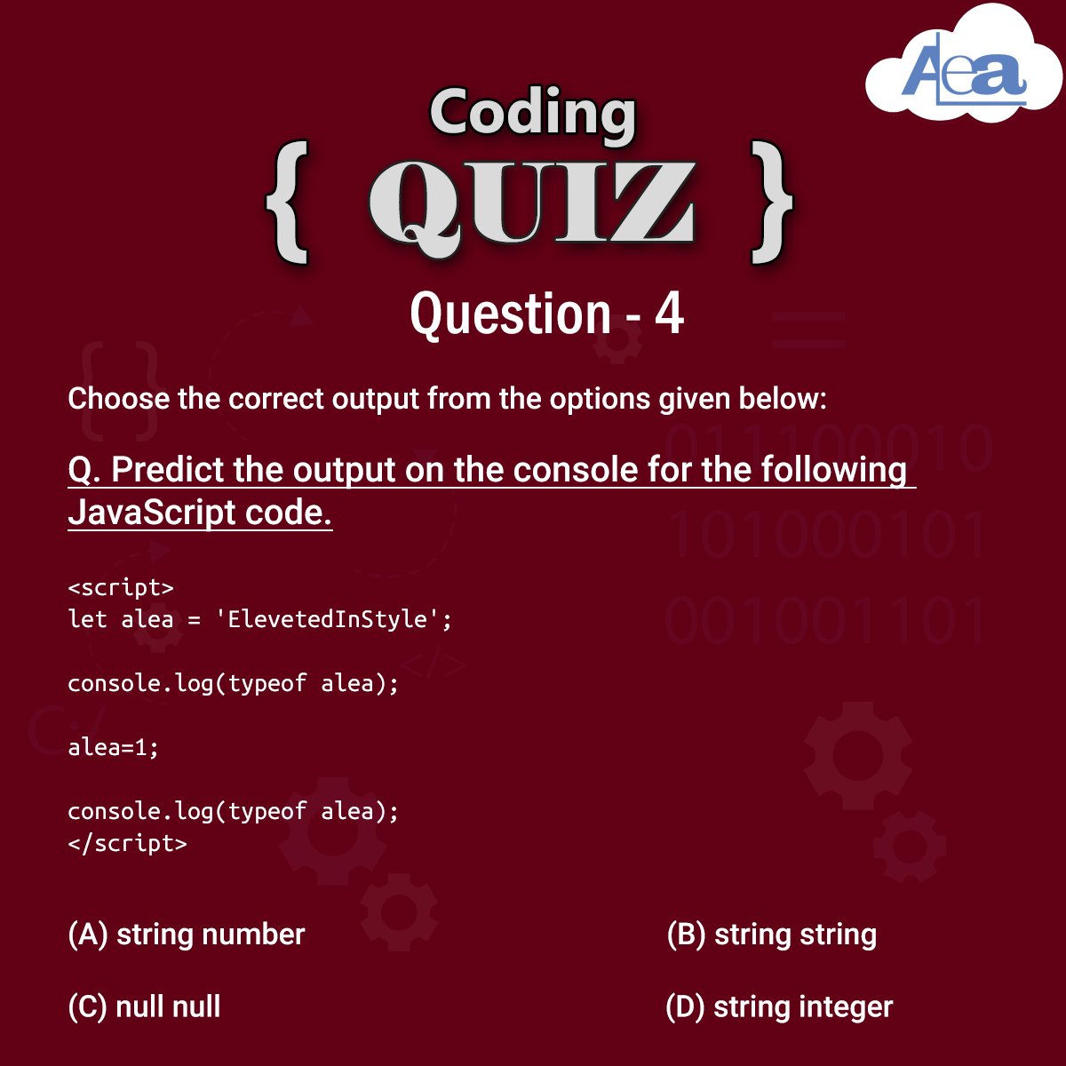 AleaIT's tweet image. Hello Tech Geeks !!
Participate in ALEA QUIZ CHALLENGE. Leave your answer in Comment Section & Tag 3 friends to challenge them.
The one who will give max. right answers will be declared as Coding Ninja of the week.
#Aleacodingninja #aleacodingdose
#CodingChallenge4 #week1