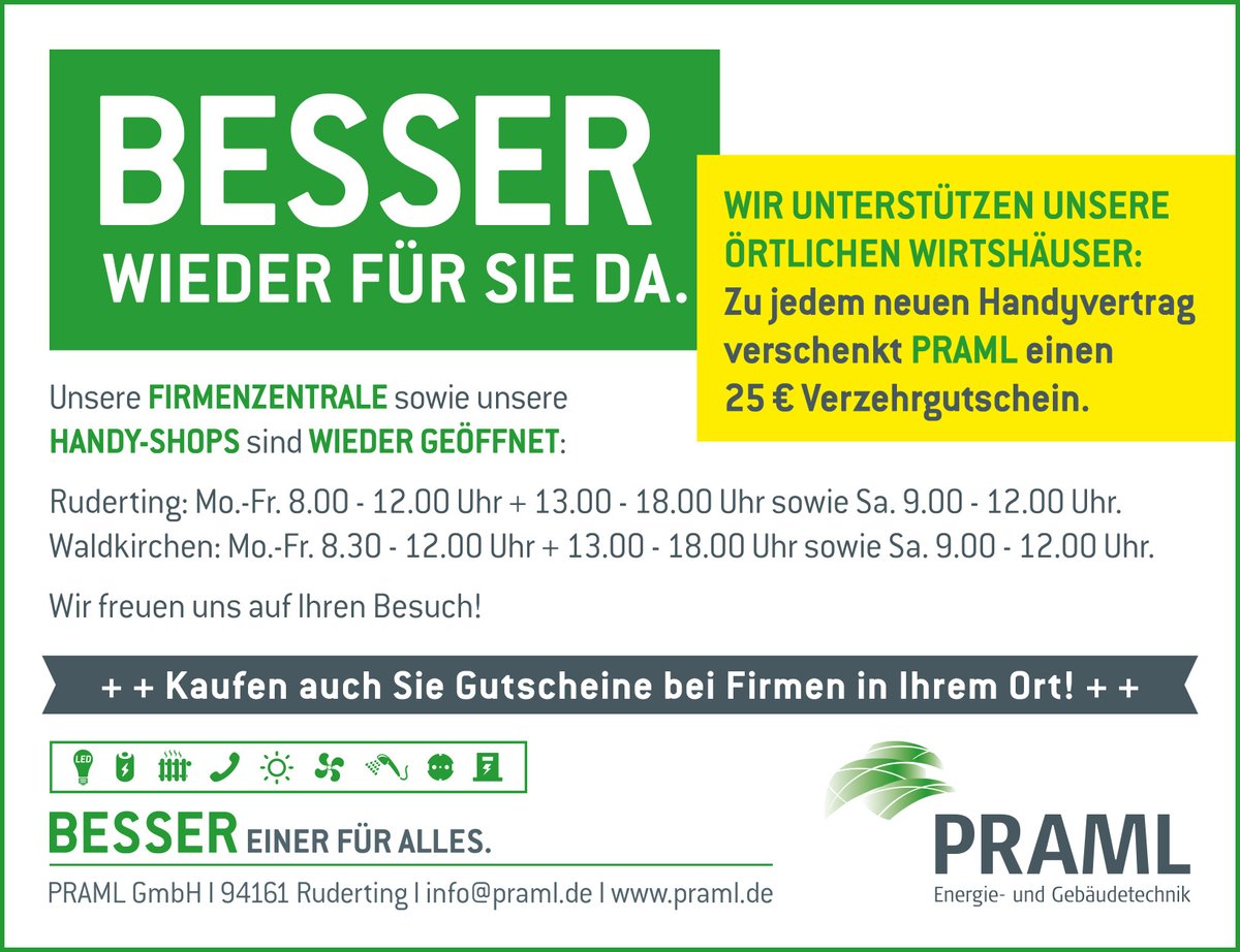 PRAML_GmbH's tweet photo. Wir unterstützen die örtliche Gastronomie und verschenken zu jedem neuen Handyvertrag einen Gutschein über 25 €. Besser jetzt, als später. #gutscheinstattklopapier #supportyourlocal #Praml #Gutschein #Passau https://t.co/RQYjVjySoM