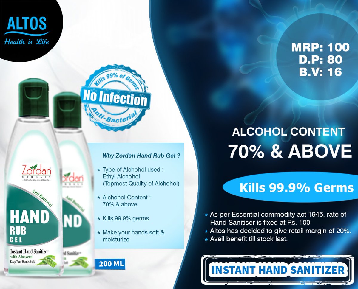 Altos_52's tweet photo. #altos_health_is_life #instanthandsanitizer #altos #handrubgel
#Alcoholcontent 70% &amp; Above
#Kills 99.9% of Germs https://t.co/DRysxBzmHk