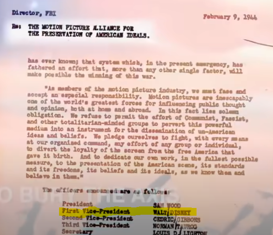 That document was from 1943, this one describing the "Motion Picture Alliance for the Preservation of American Ideals"Is from 1944, in which it lists the Disney vice president as a member of this organization, whose goal it was to implement the same type of "morale-boosting"