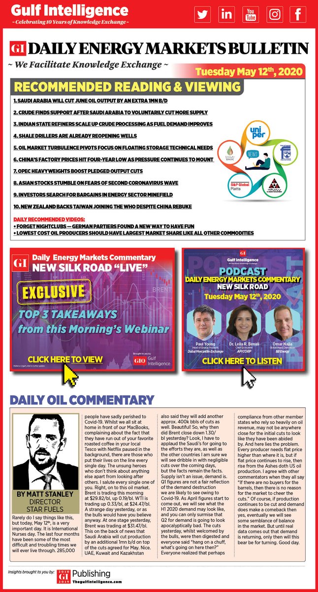NEWSLETTER: Daily Energy Markets Bulletin - May 12th 
𝗖𝗟𝗜𝗖𝗞 𝗛𝗘𝗥𝗘➡ bit.ly/2YWIMcP

#OOTT #OilPrices #OilCrash #WTI #OPEC #Covid_19