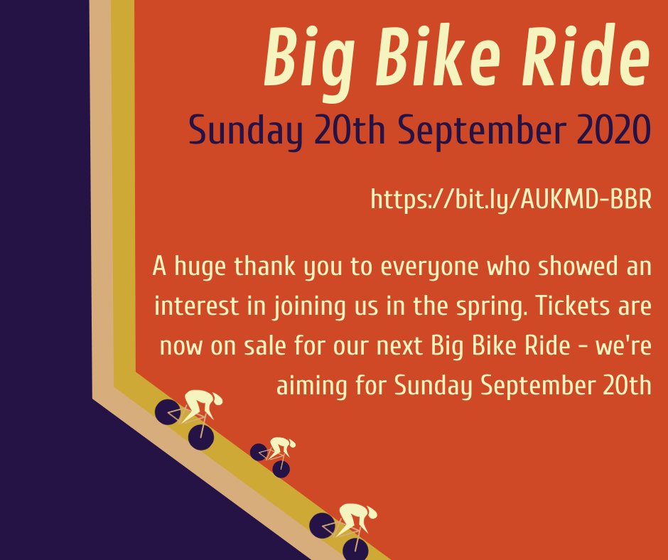 20.09.2020 - save the date for our next Big Bike Ride. bit.ly/AUKMD-BBR for more info. ticketsource.co.uk/age-uk-mid-dev… to buy tickets. TIckets will remain valid if we have to postpone or change the date. All entrants will be notified of any changes of plan. Thanks :) :)