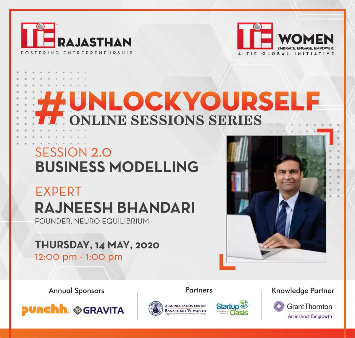 Join our next #UNLOCKYOURSELF Session for TiE Women this week. Business Modelling with Rajneesh Bhandari,a Serial Entrepreneur, Founder at Cosmo Infra Solutions and NeuroEquilibrium & Past President of TiE Rajasthan. To know more and register please visit lnkd.in/fQfrzss