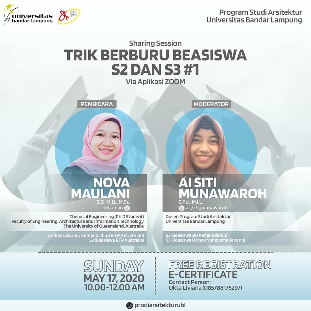 novamau's tweet photo. Hi there, it's me again.. and again 😊
Some of you might be interested in studying abroad in Europe and Australia, please stay tuned this weekend! ✈️ #Repost @prodiarsitekturubl
• • • • • •
Universitas Bandar Lampung • Sharing Session •

Trik Berburu #Beasiswa #S2 dan #S3 https://t.co/Oi4Nu9Hk6g