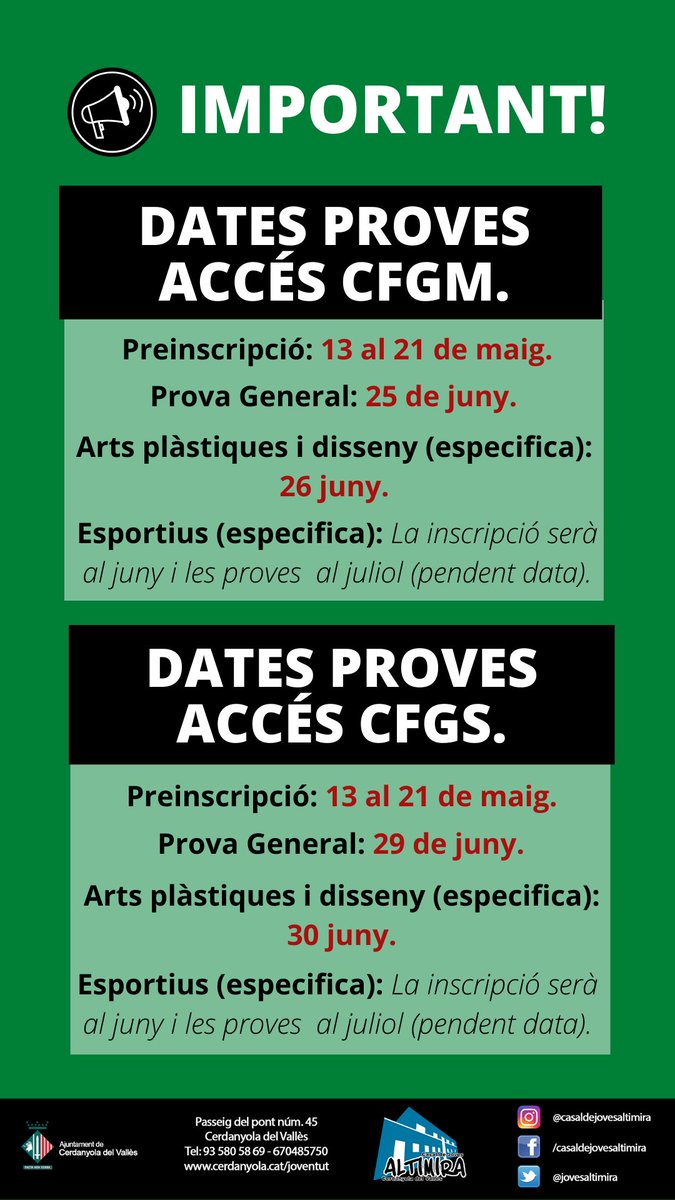 JovesAltimira's tweet photo. 🔴📢La setmana passada us vam deixar les dates de preinscripció a estudis postobligatoris. També han sortit les de prova d'accés, us fem un resum a continuació! Ànims i sort!💪 https://t.co/oZOnPQDsCM