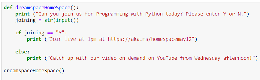 msajolliffe's tweet photo. Join us for Lesson 4 of Programming with Python. We will build on functions, look at conditional statements plus Boolean logic as part of today's lesson. 😁
We are live at 1pm at https://t.co/hIcskOjF9O
dreamspaceHomeSpace()
#MSDreamSpace #JCCoding #LCCS https://t.co/q4kmpIHoWN