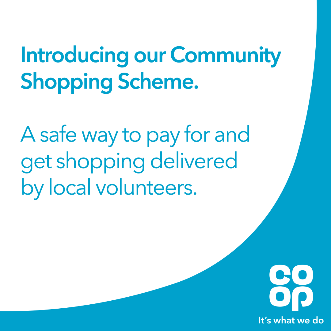 coopuk's tweet photo. We've launched our Community Shopping Scheme which helps people who need to stay at home. It enables a safe way to pay for and get essential shopping delivered by local volunteers. Call 0800 029 4592 for support or to top up your card.