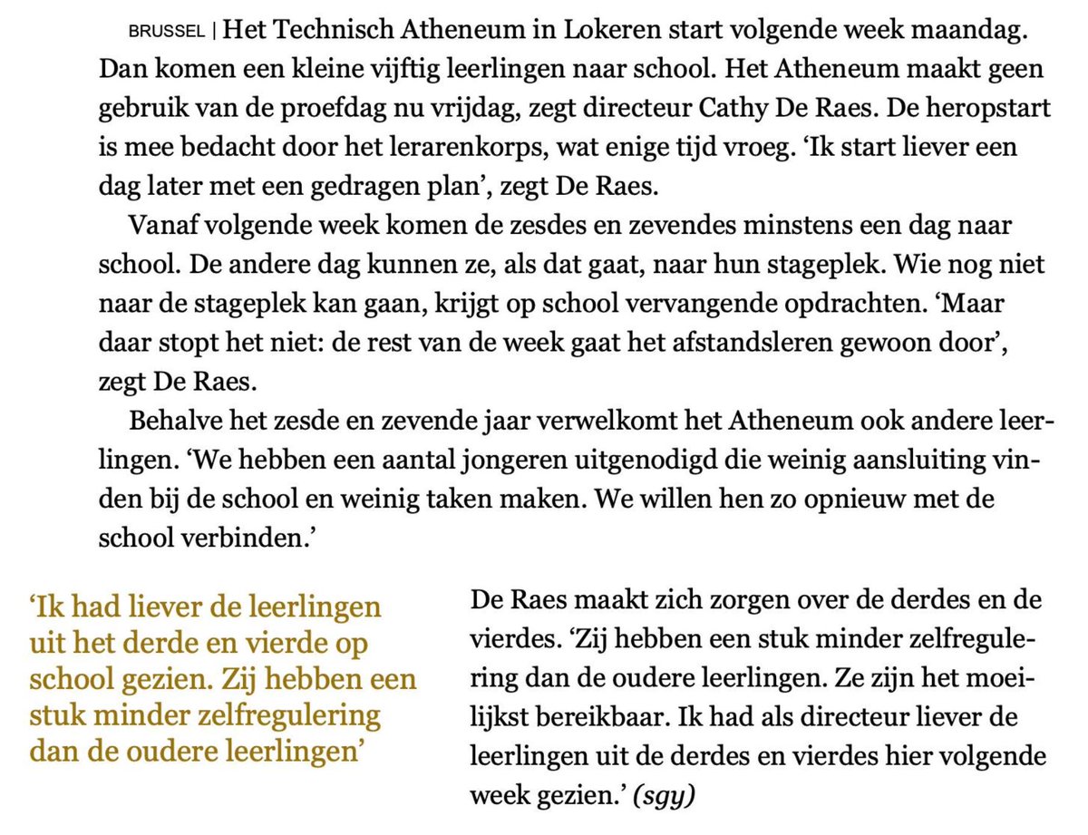 Directeur Cathy De Raes van GO! technisch atheneum Lokeren doet haar coronaplan en -zorgen uit de doeken in de Standaard - #fieroponzescholen #samenerdoor