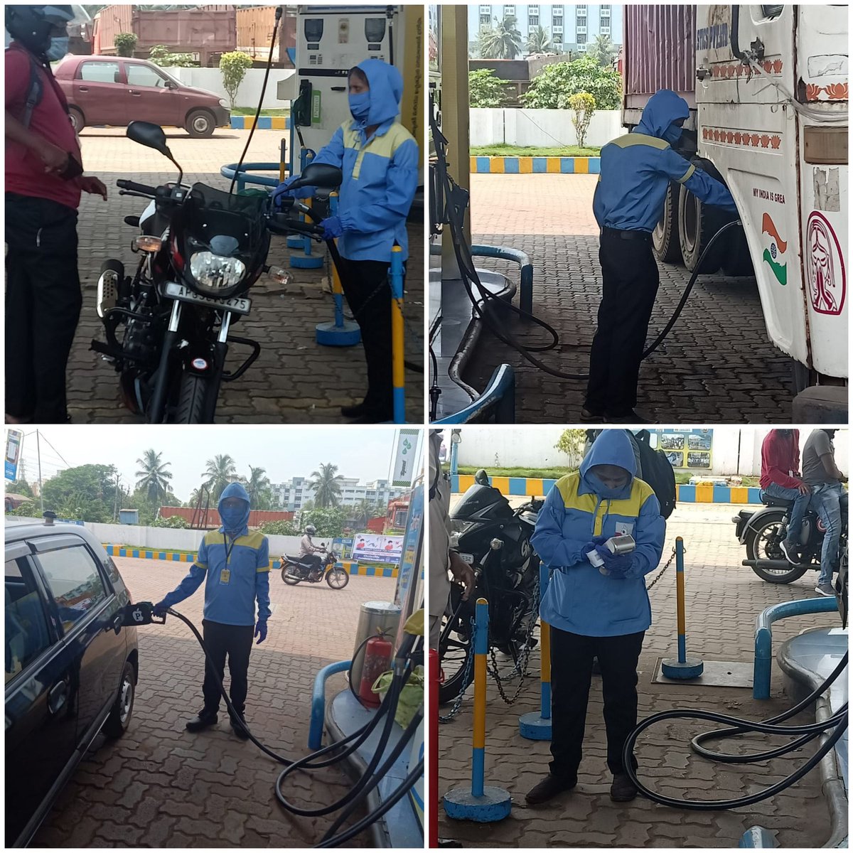 AnuradhaAuto's tweet photo. From Today New dress code for our staff at Anuradha Auto with long sleeves n hood as additional attachment along with mask n gloves
Safety to our staff first,customers mental satisfaction,hygiene is bonus.#caronavirus2020 #cmdbpcl #bpcl_vizag #singharunbpcl #SafetyFirst https://t.co/NZMohgwMqK