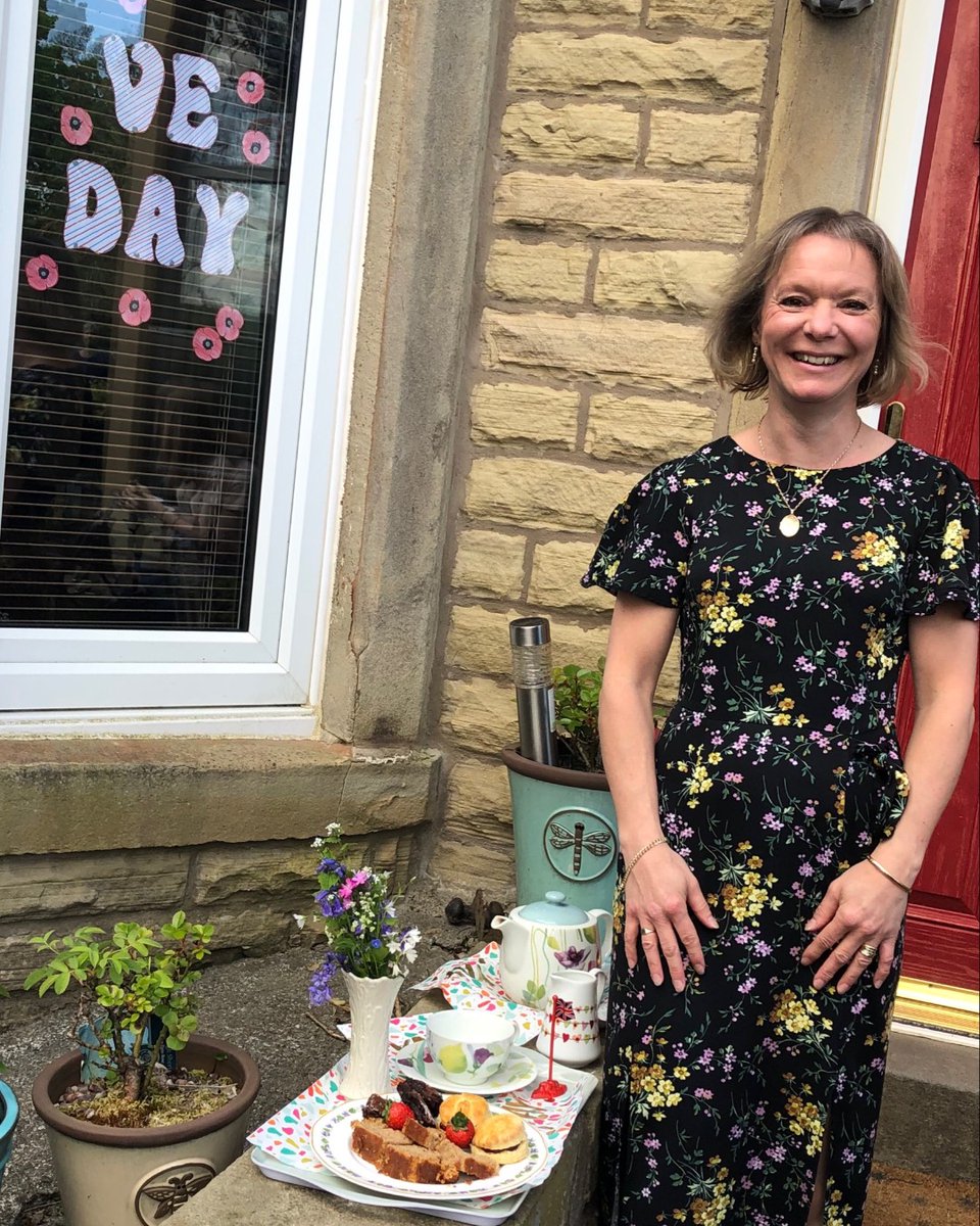 ribbweb's tweet photo. Mrs Brooks arranged a socially distanced afternoon tea party along with her neighbours to commemorate VE Day 75.  What a delightful tray of homemade cakes and tea! #veday75 #stayconnected #stayintouch https://t.co/74oM7O4mds