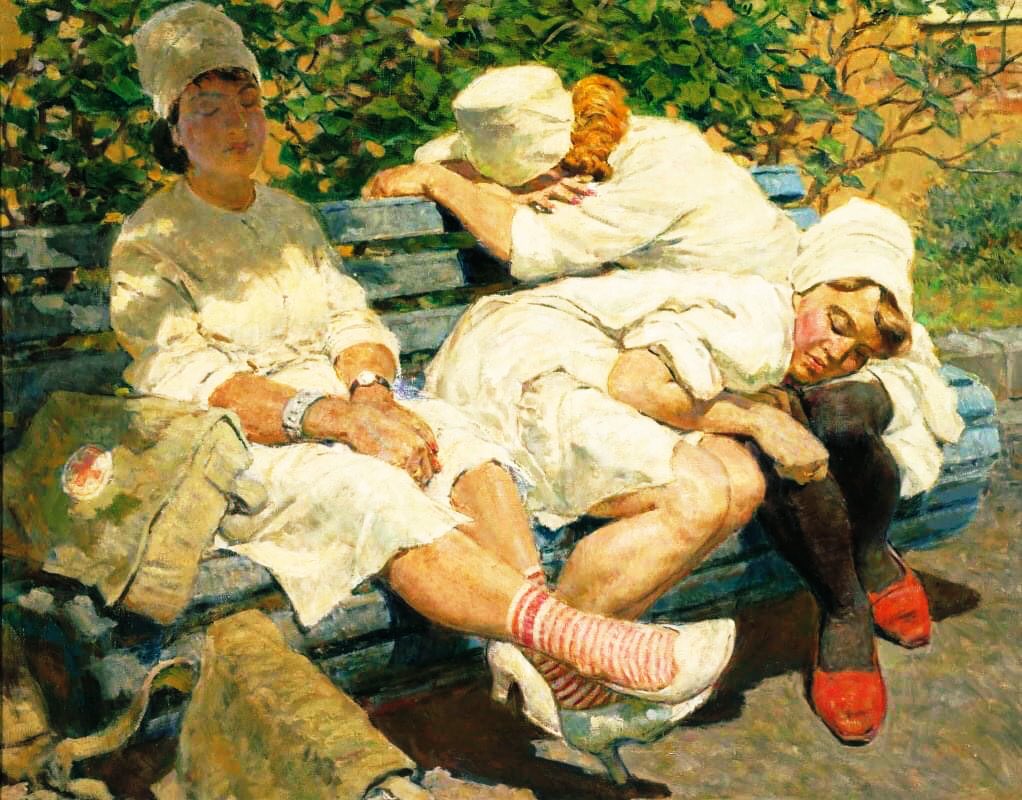 May 12 - International Day of the nurse. It is celebrated on the birthday of Florence Nightingale, one of the founders of the Sisters of Charity service.

Leo Kotlyarov. Nurses. Rest after duty. 1956. Private collection