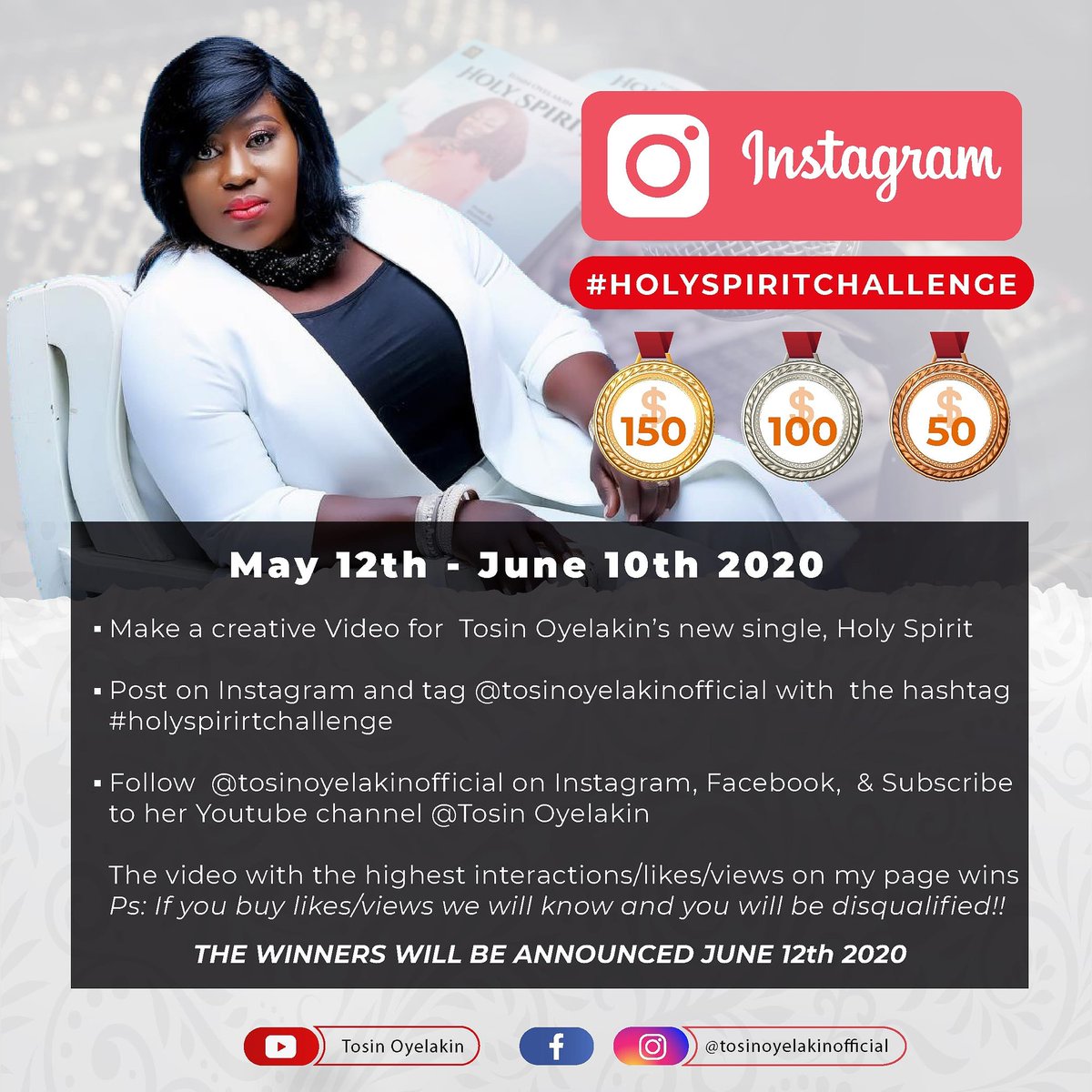 PolongoTvGospel's tweet photo. #HOLYSPIRITCHALLENGE on #Instagram
1st Place- 150$
2nd Place-100$
3rd Place- 50$
Make a creative Video for @TosinOyelakin new song, the video with the highest interactions/likes/views on my page wins
#Holyspiritchallenge #tosinoyelakin
#Holyspirit #PolongoTv #trending #Lagos https://t.co/r5sntIEhTI