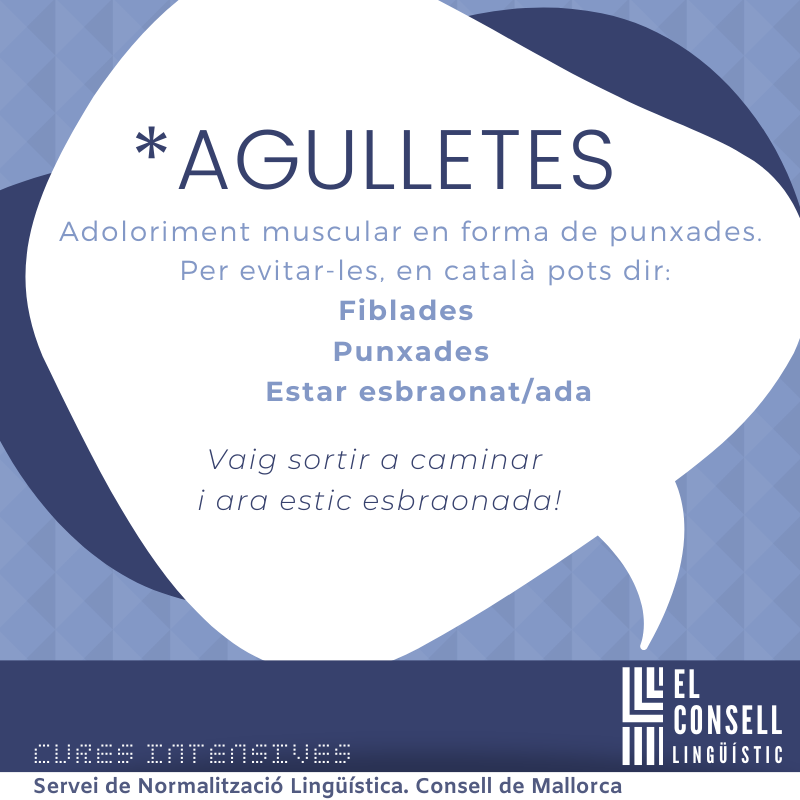 llenguamallorca's tweet image. «El Consell lingüístic, Cures intensives», núm. 13
*AGULLETES
Per referir-nos a l'adoloriment muscular en forma de punxades podem dir:
FIBLADES
PUNXADES
ESBRAONAT/ADA
#Errades #Barbarismes #CulturaaCasa #LlenguaaCasa #CuresIntensives #Llengua #ConsellLingüístic